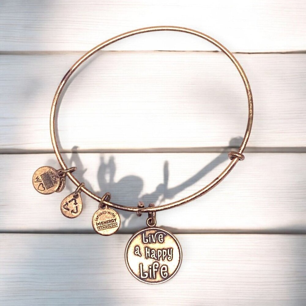 Alex & Ani "Live A Happy Life" Charm Bangle Bracelet Gold-Tone Expandable
